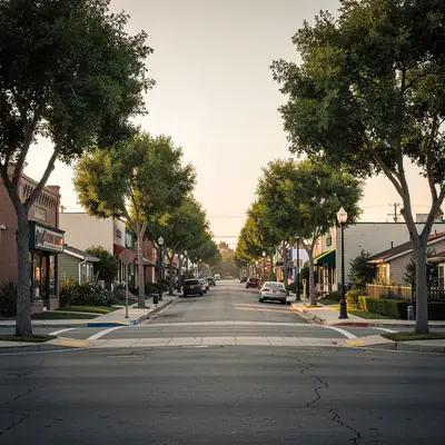Historic main street and nearby bungalows on Tweedy Mile, South Gate, California