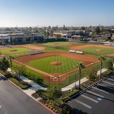Ball fields beside a shopping center on Azusa Avenue, West Covina, California