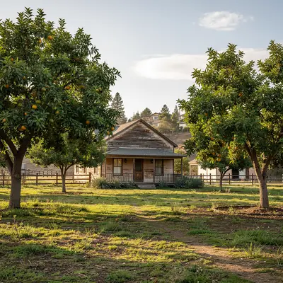 Historic ranch grounds with orchard trees at Hurst Ranch, West Covina, California