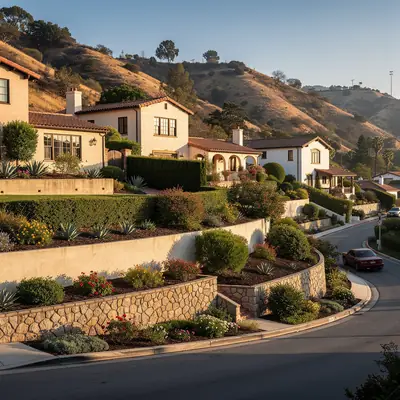 Hillside houses on winding streets in College Hills, Whittier, California