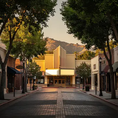 Tree-lined cobblestoned main street in Uptown Whittier, California